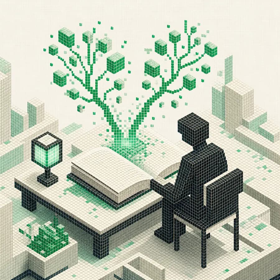 Student at a desk, an open book branching into two lines of thought