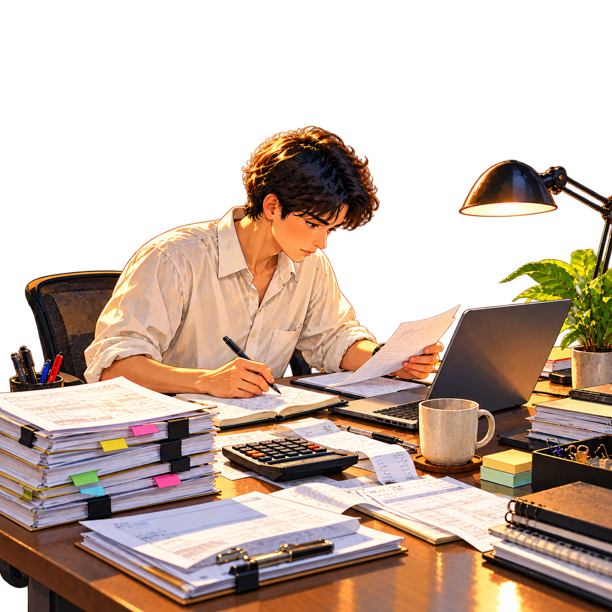 Professional reconciling invoices and ledger at a desk