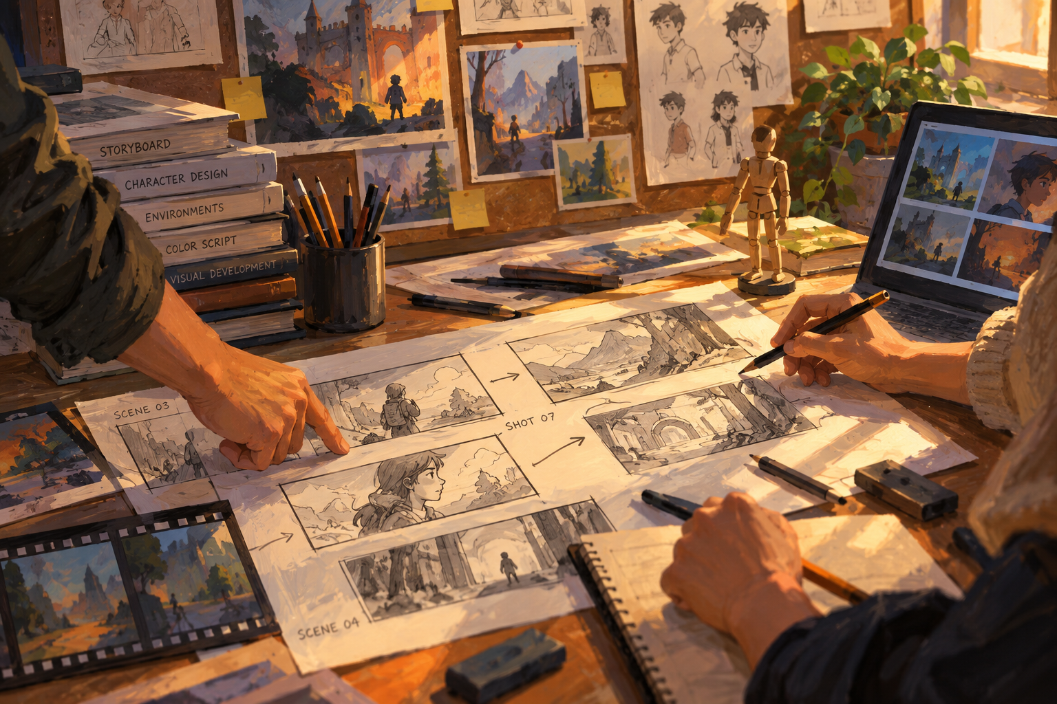 Animators reviewing storyboard frames at a studio table