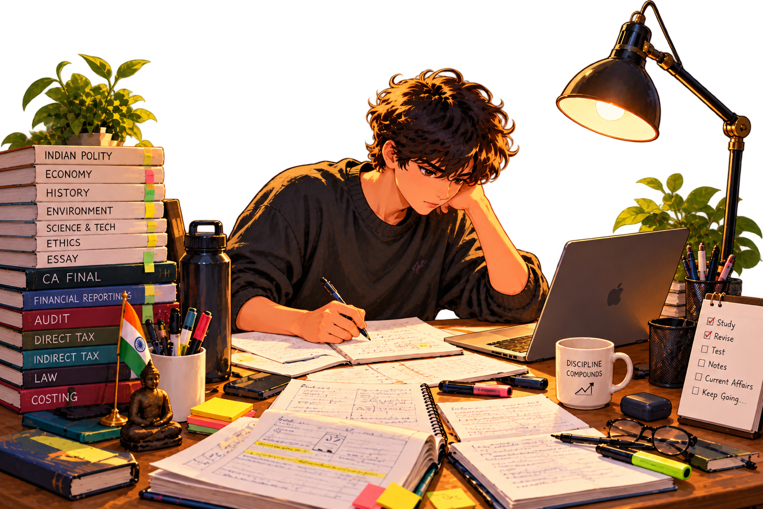 Student studying at a lamp-lit desk with books and notes