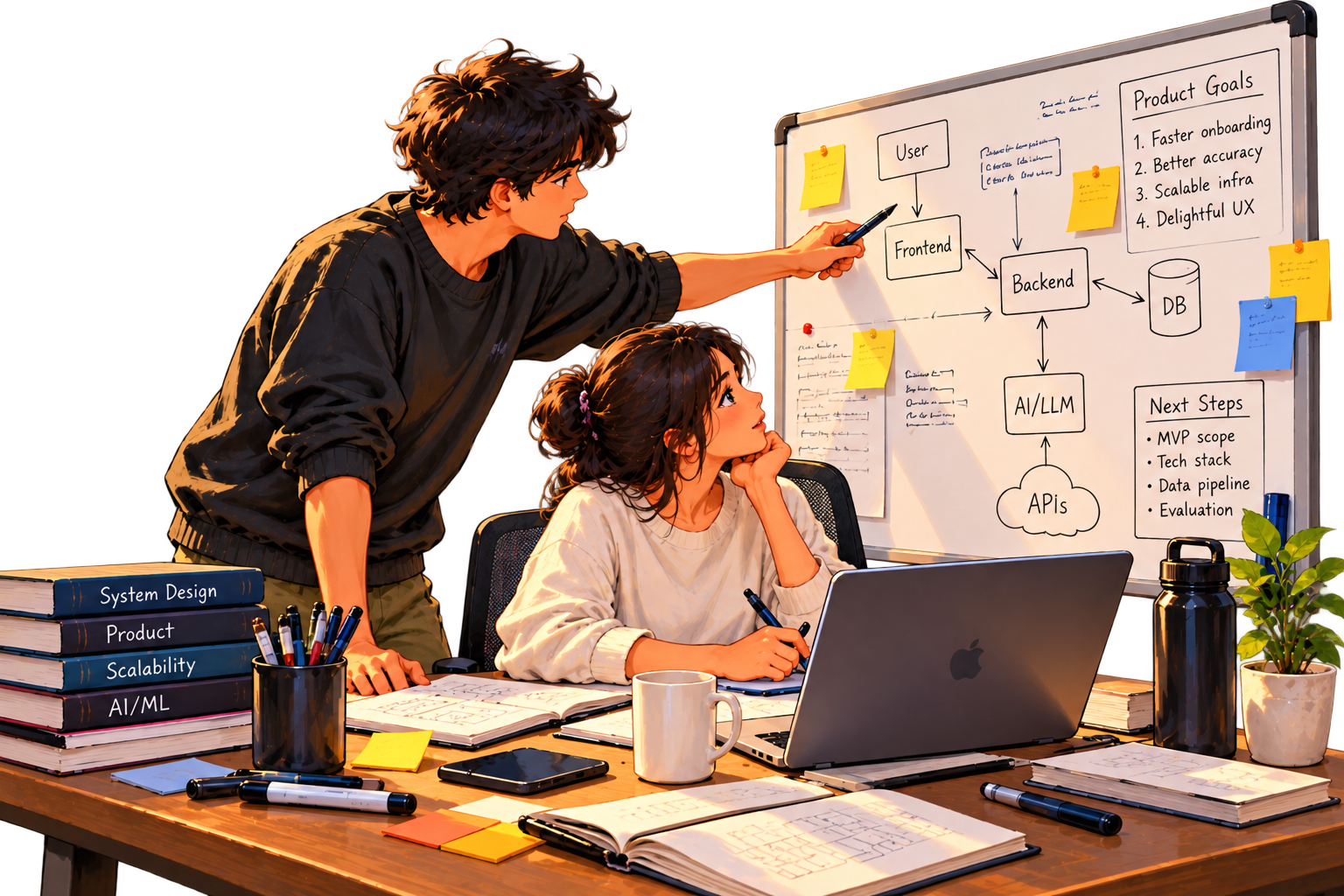 Engineers planning architecture on whiteboard beside a laptop