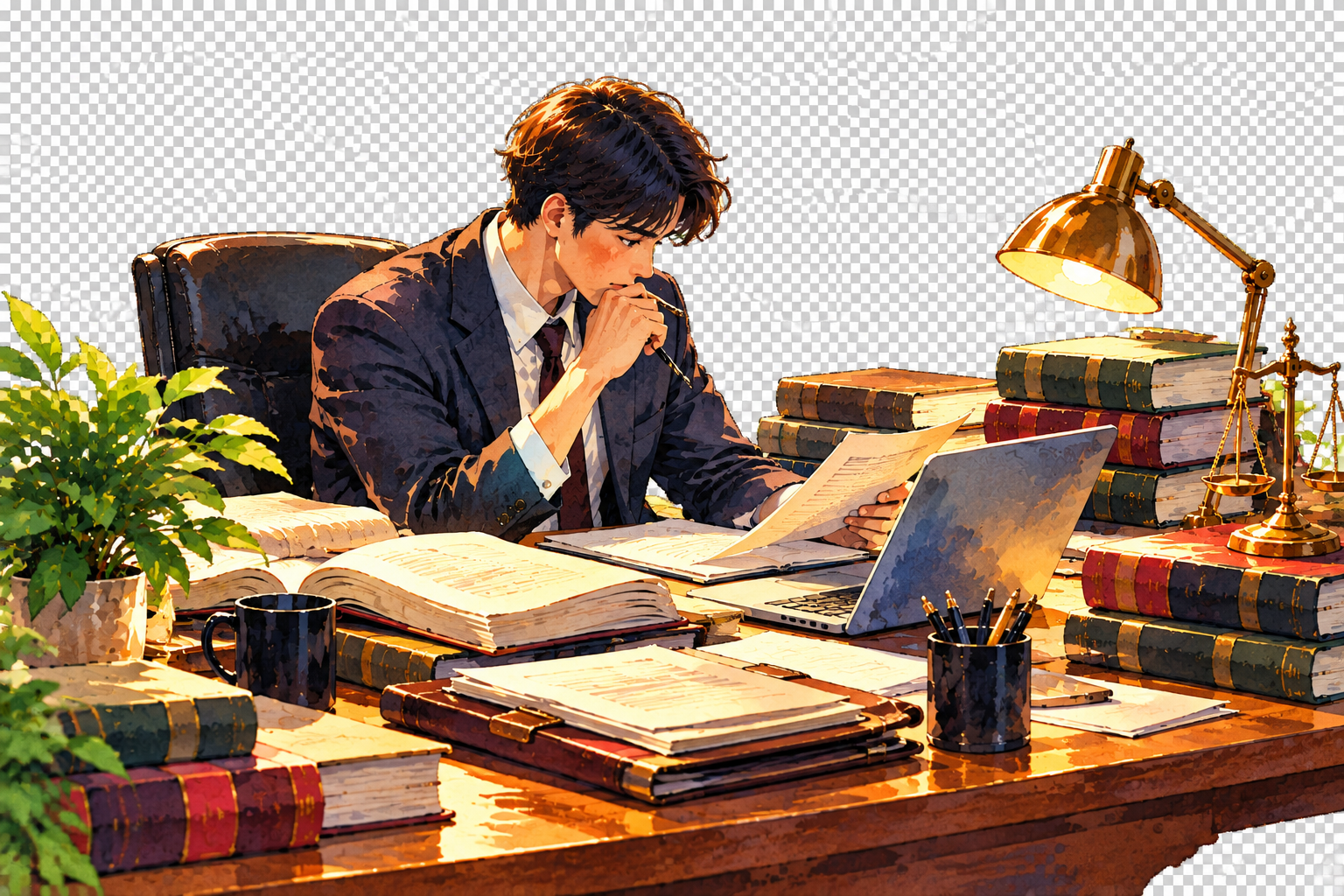 Counsel desk with open books and case files, dignified office light