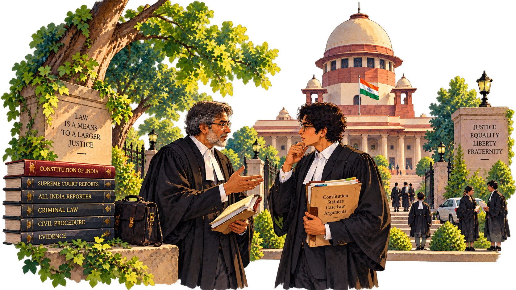Two advocates in court dress before the Supreme Court of India, with Indian law reports stacked beside them