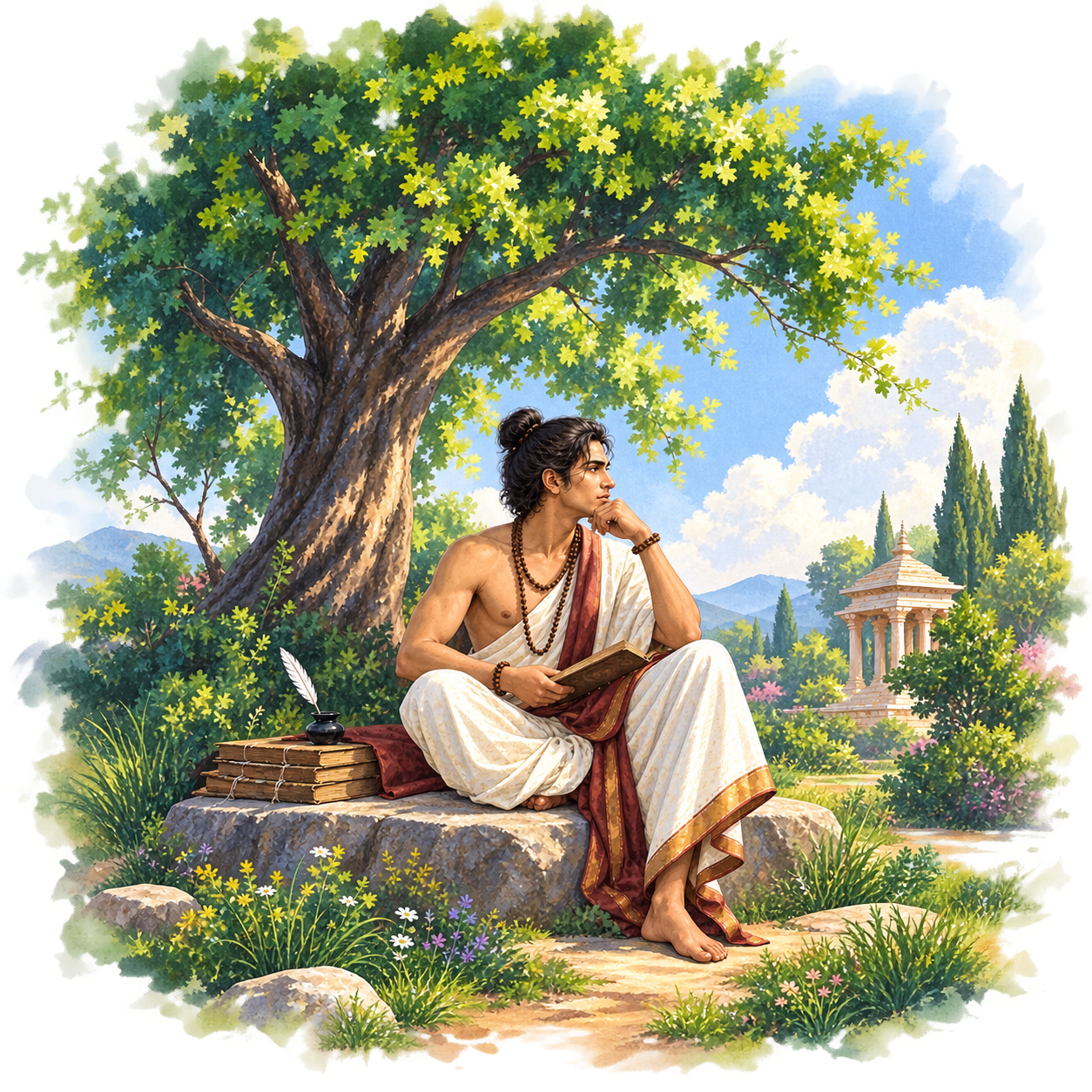 Mandana Mishra seated under a tree among manuscripts