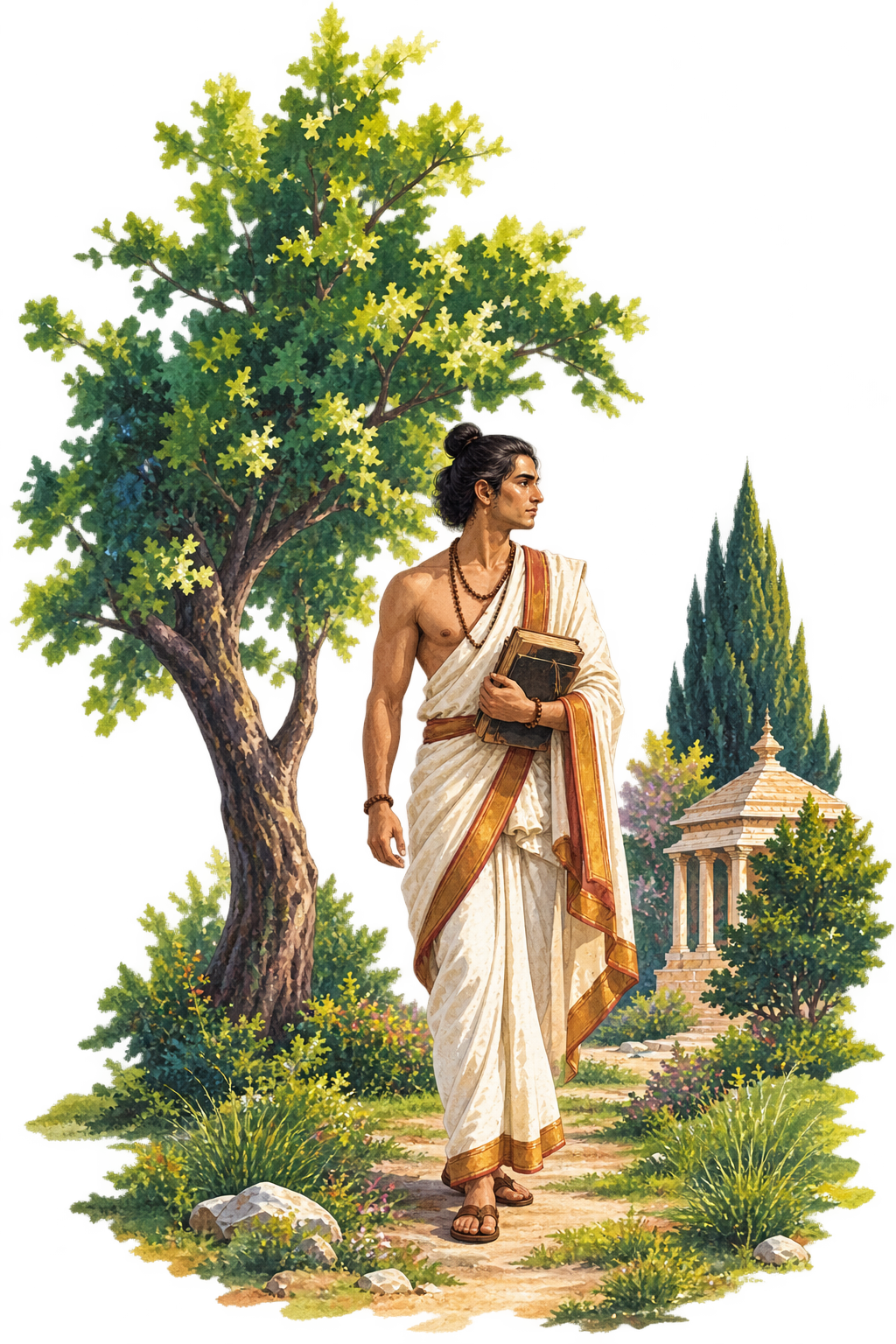 Mandana Mishra walking a path with manuscripts, a tree at his side