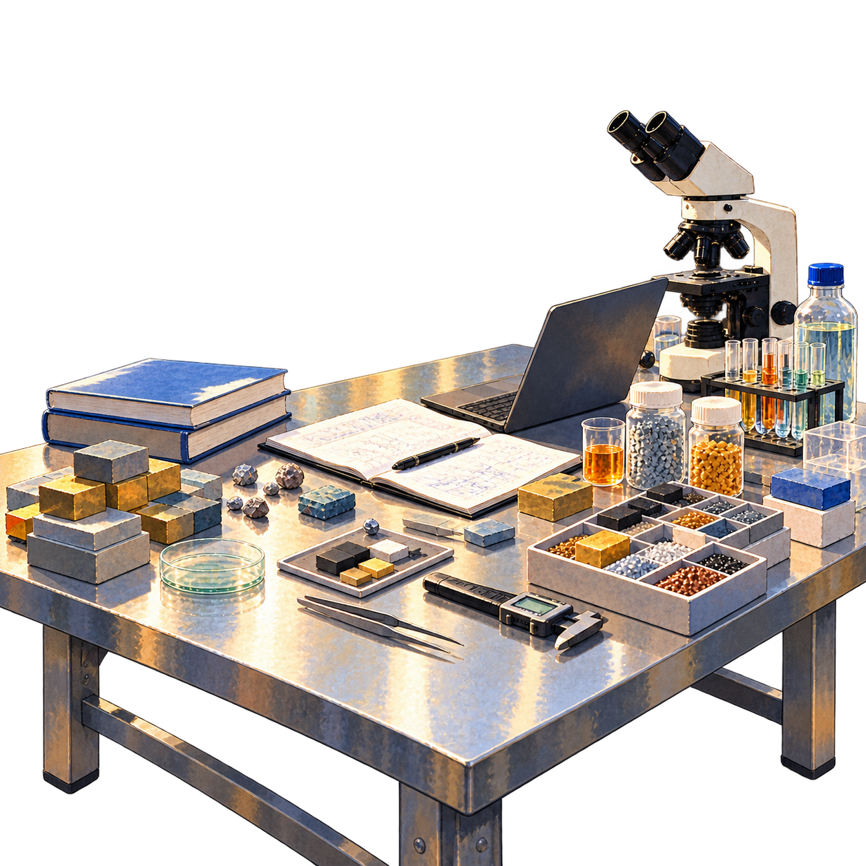 Materials samples and lab notebook on a clean bench