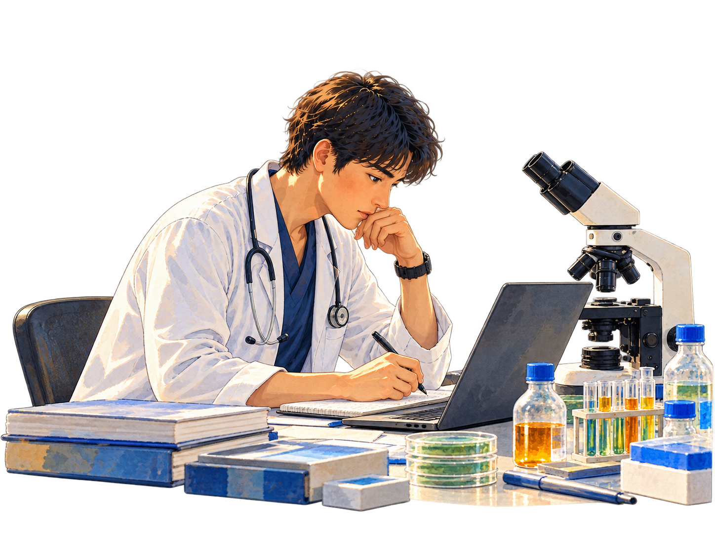 Researchers at a lab bench with laptop, glassware, and microscope