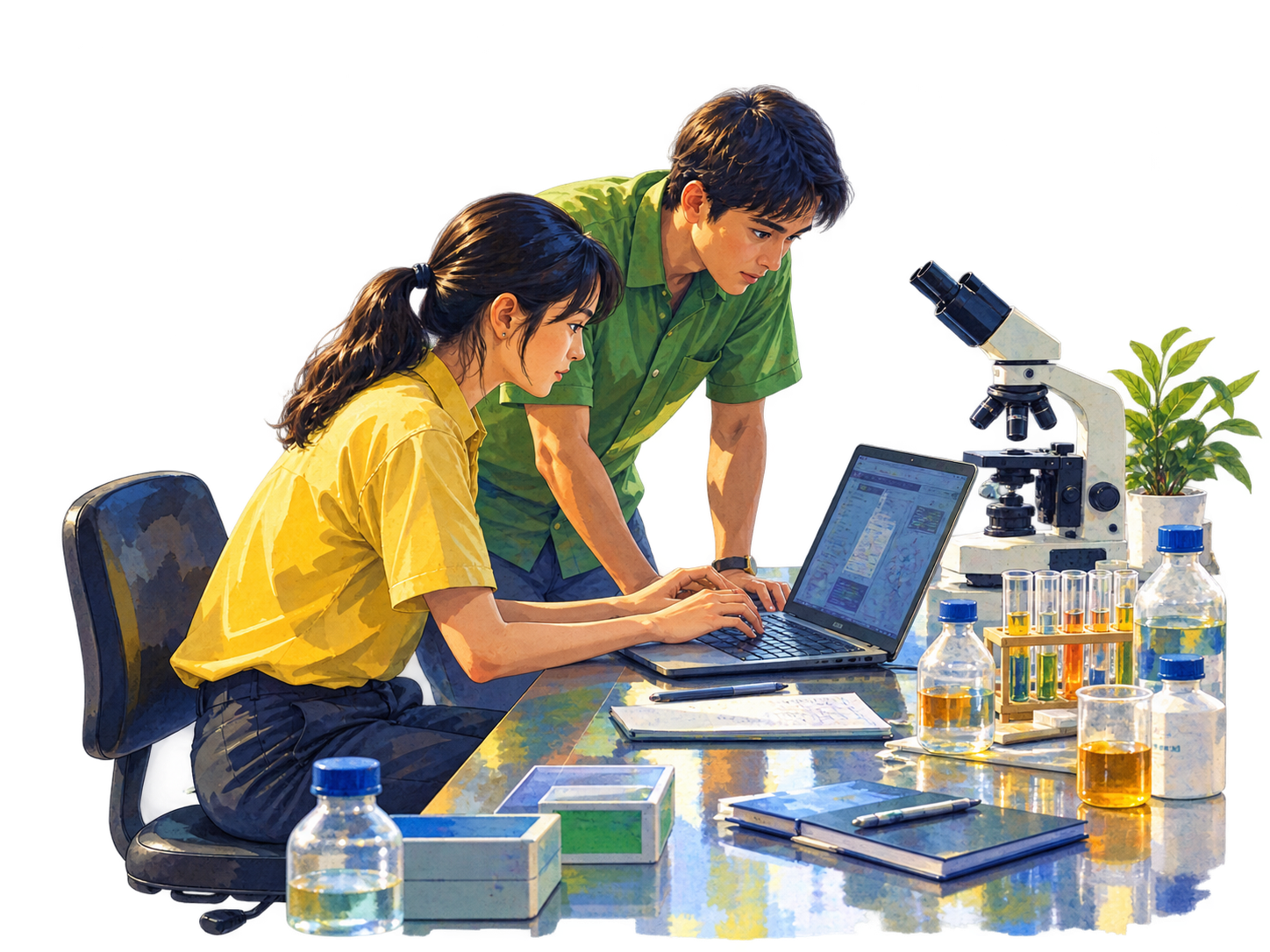 Two researchers at a lab bench, working together at a laptop among glassware and a microscope