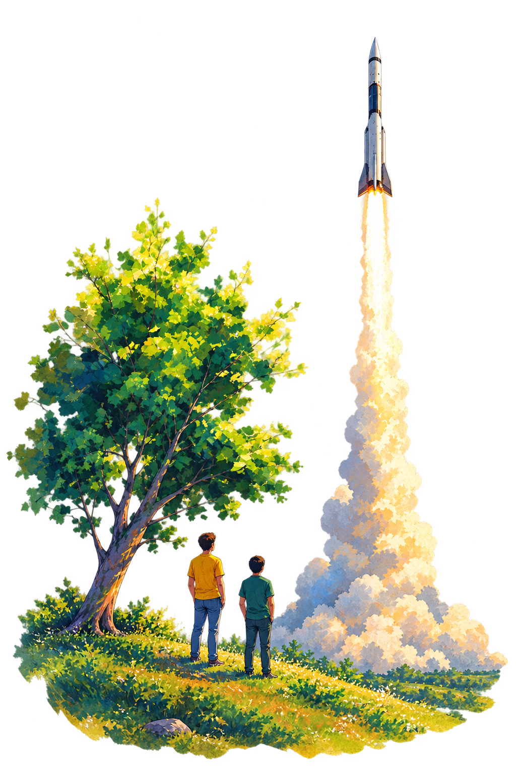 Two people on a grassy hill watching a rocket climb past a tree